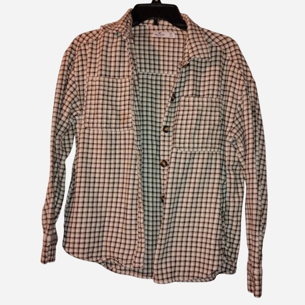 Hollister Plaid Flannel Shacket XS Cream Black Tan Oversized Button Down